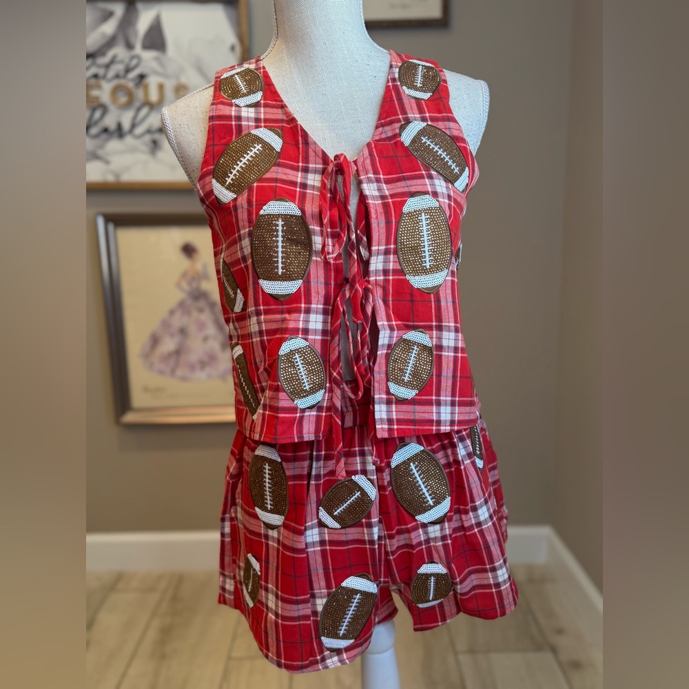 New! Rare SET! QUEEN OF SPARKLES Red Plaid Rhinestone Football Shorts & Tank - Picture 4 of 13